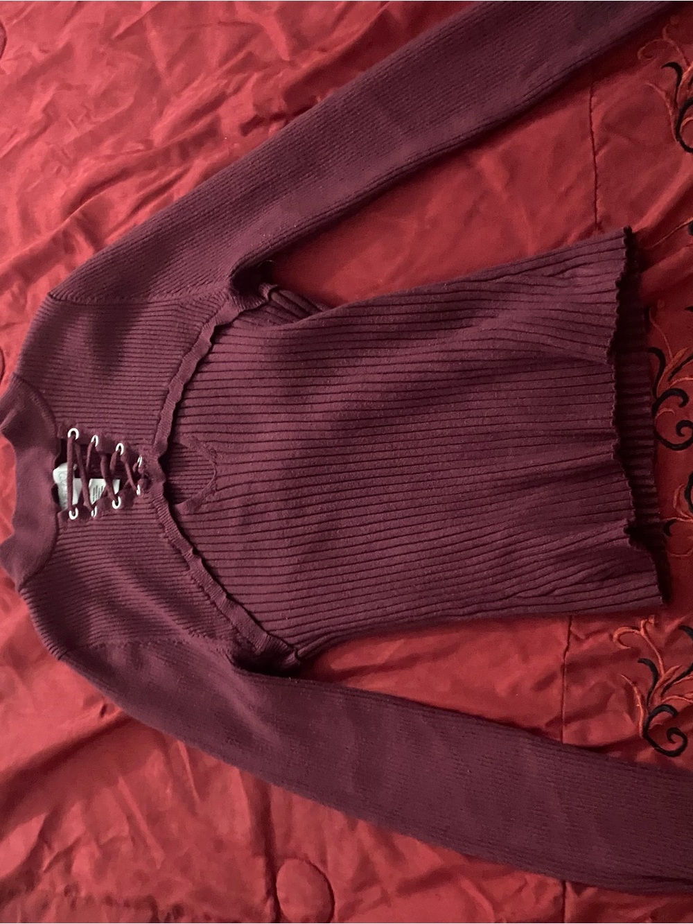 Planet Gold Lace-Up Ribbed Sweater in Wine